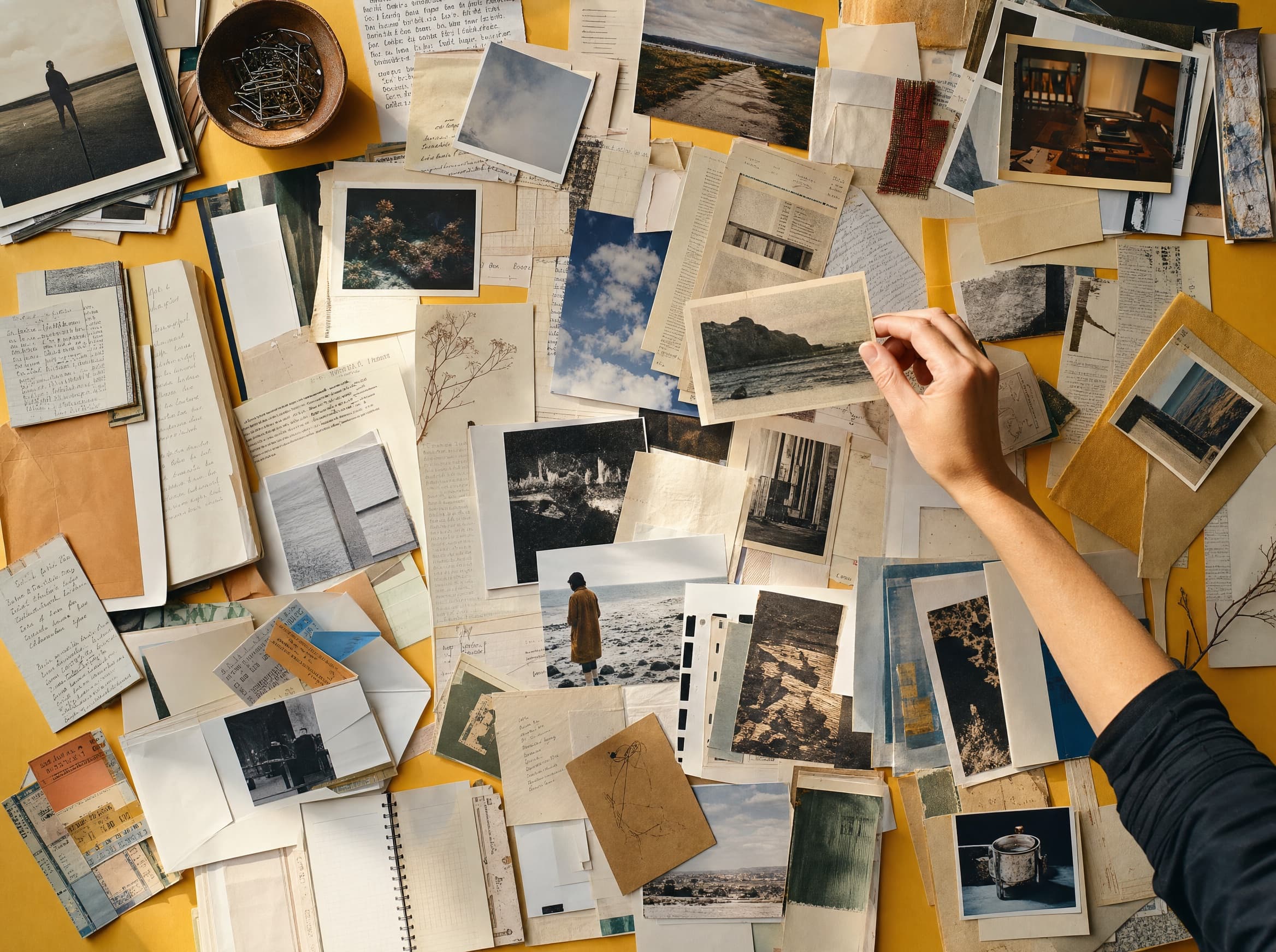 Dozens of saved paper items — clippings, printed articles, handwritten notes, photographs and ticket stubs — covering a yellow surface, with a hand lifting one of them out of the pile.